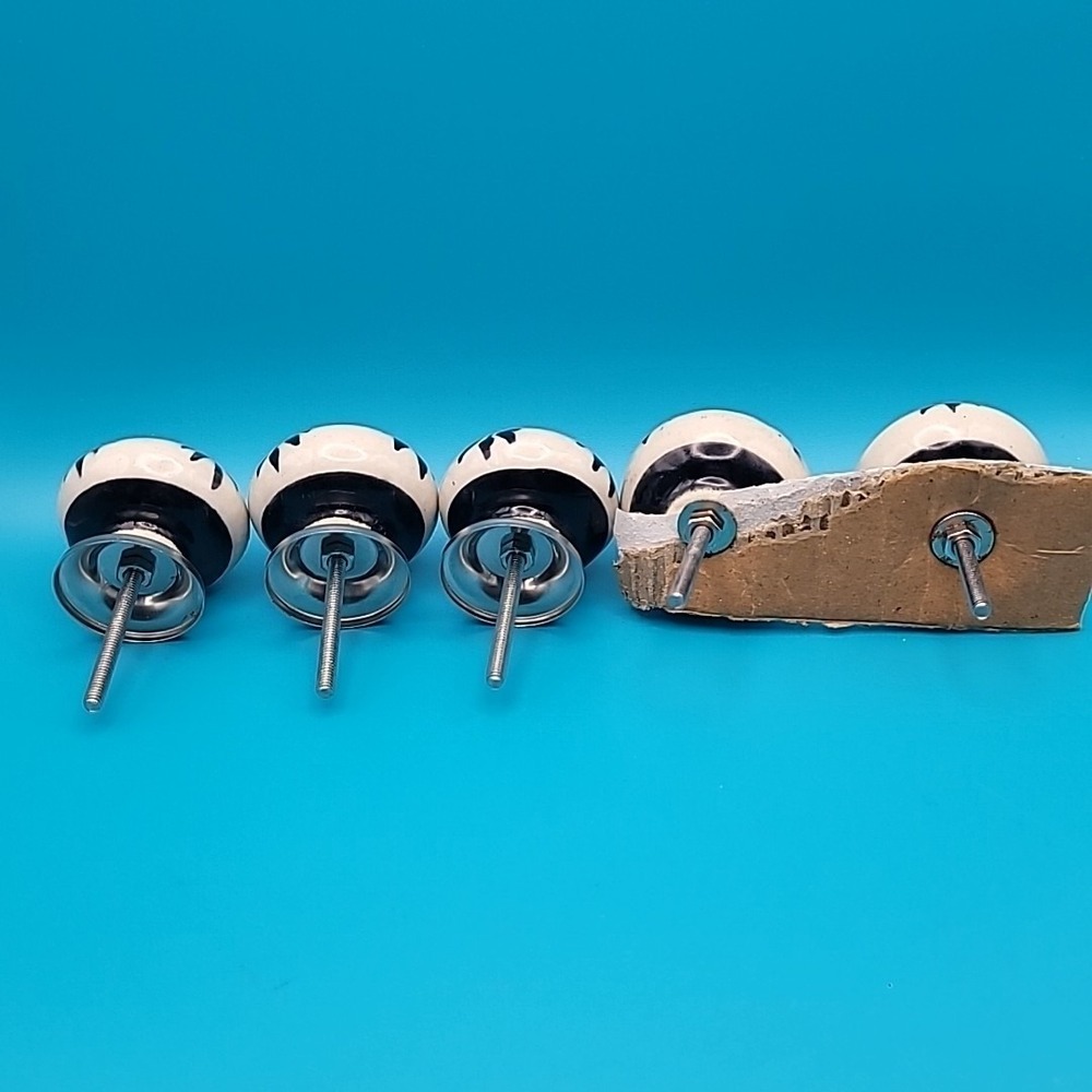 Set of 5 White Black Ceramic Leaf Drawer Knobs Cabinet Pulls Boho Farmhouse - Picture 8 of 11